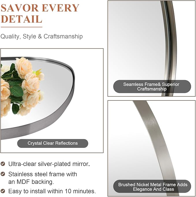 ANDY STAR Brushed Nickel Mirror, 24"x32" Silver Asymmetrical Wall Mirror for Bathroom, Unique Irregular Design with SUS304 Stainless Steel Metal Frame, Ideal for Bathroom, Bedroom, Entryway