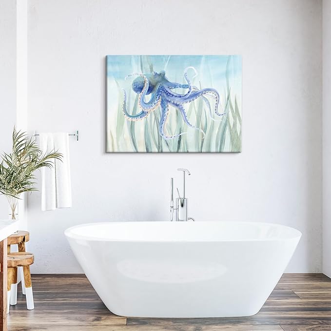 Ocean Wall Decor Octopus Canvas Wall Art for Bathroom Under The Sea Blue Coastal Decor for Home Nautical Prints for Bedroom Kitchen Restroom 36x24Inch