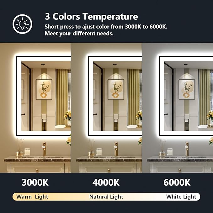 55x40 Inch LED Bathroom Mirror with Lights (Front Lit and Backlit) Black Framed Lighted Vanity Mirror for Bathroom Wall Dimmable Anti-Fog Memory Tempered Glass Horizontal/Vertical