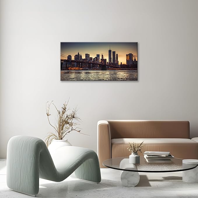 NAN Wind 1PCS New York City Skyline Canvas Wall Art Brooklyn Bridge at Sunset Golden Hour Manhattan Cityscape Pictures Canvas Artwork East River Reflection Modern Urban Home Decor Living Room Office
