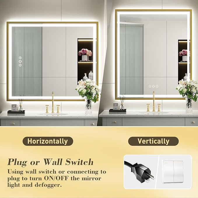 30X36 Inch Gold Frame Led Mirror,Backlit and Front Bathroom Mirror with Lights,Wall Mounted Double LED Dimmable Lighted Anti-Fog Vanity Mirror,Stepless 3 Colors Temperature 3000K-6000K