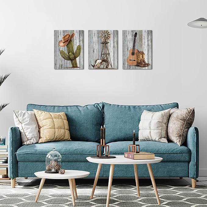 KLVOS 3 Pcs Cowboy Wall Art Vintage Western Canvas Print Cactus Windmill Cowboy Boots and Hat Painting on Wooden Background Picture Farmhouse Decor Framed