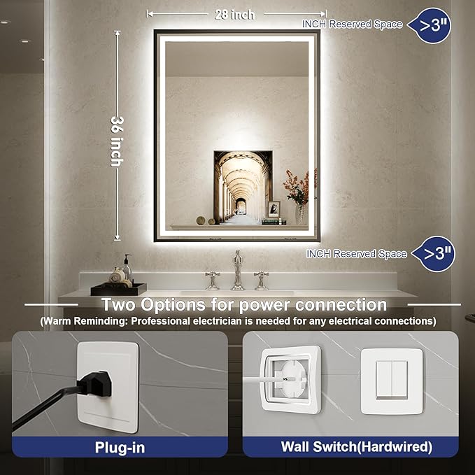 28X36 Inch Framed LED Lighted Bathroom Mirror,Backlit and Front Wall Mounted Black Metal Vanity Mirrors with Lights,Double LED Dimmable Illuminated & 3 Colors Temperature Anti-Fog Mirror