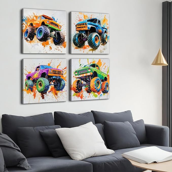 Monster Truck Canvas Wall Art Cool Watercolor Car Posters for Boys Room Modern Graffiti Truck Pictures Wall Decor Off-Road Vehicles Artwork Nursery Toddler Bathroom Bedroom Home Decoration 20x20" 4pcs