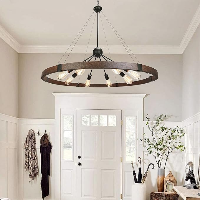 38.2'' Large Farmhouse Wagon Wheel Chandelier for Living Room, 8-Light Rustic Round Metal Light Fixtures for Dining Room Entryway Kitchen Island, Vintage Rust and Black Finishes
