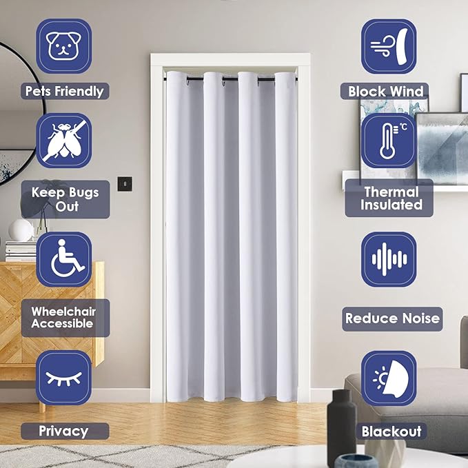 ChrisDowa Blackout Door Curtains for Doorway Privacy, Grommet Closet Curtain for bedroom closet door, Thermal Insulated Temporary Door Cover Room Divider Curtain (1 Panel, Greyish White, 42 x 80 Inch)