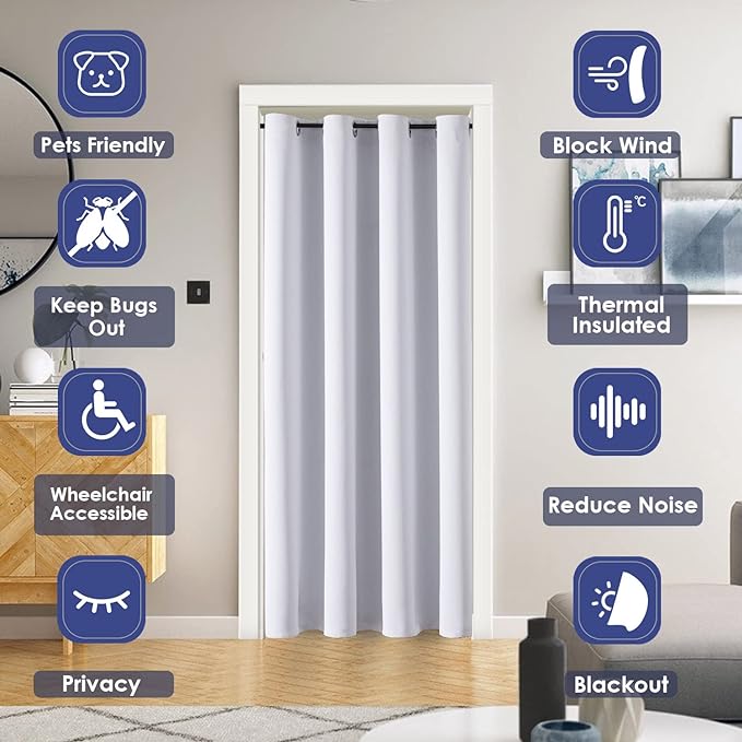 ChrisDowa Blackout Door Curtains for Doorway Privacy, Grommet Closet Curtain for bedroom closet door, Thermal Insulated Temporary Door Cover Room Divider Curtain (1 Panel, Greyish White, 52 x 80 Inch)