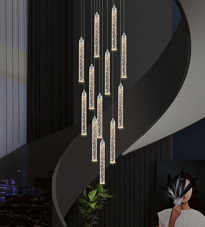 12-Lights High Ceiling Crystal Staircase Chandelier Chrome, Modern Spiral Raindrop Dimmable LED Bubble Cluster Ceiling Hanging Lighting Fixture for Foyer Living Room Entrance Remote Control