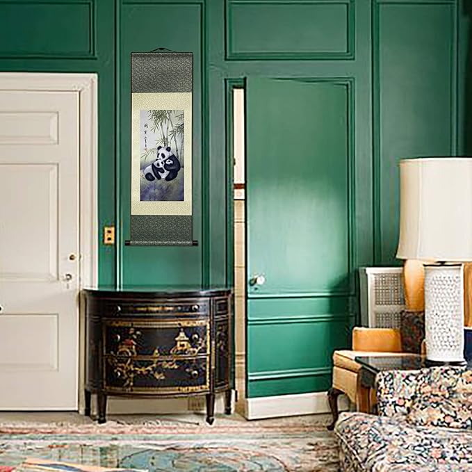 AtfArt Asian Wall Decor Beautiful Silk Scroll Painting Chinese Panda National Treasure Oriental Decor Chinese Art Wall Scroll Wall Hanging Painting Scroll (36.2 x 12 in)