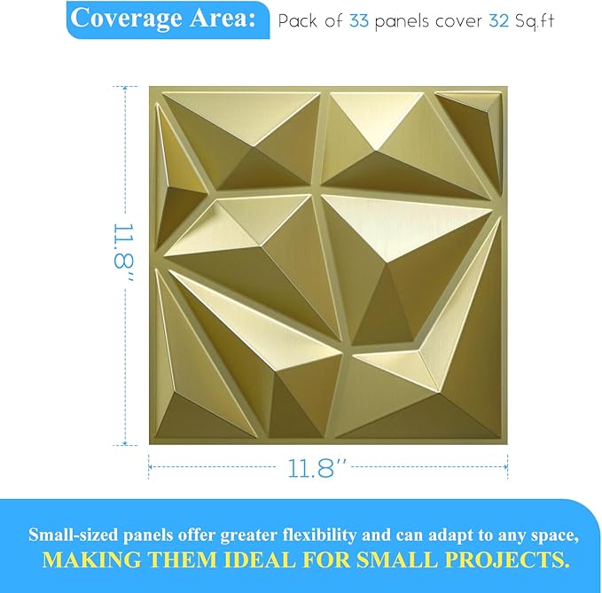 33 Pack 3D Modern Diamond Wall Panels for Interior Wall Decor,12''x12'' Champaign Gold Accent Wall Panles for Living Room,TV Wall Background,Bedroom