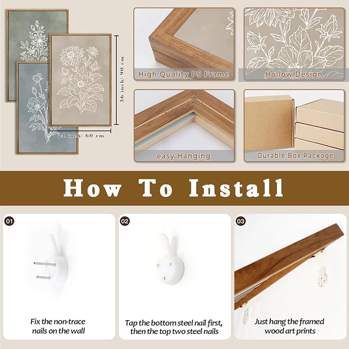 Anyzal Large Botanical Farmhouse Wall Art Floral Painting Boho Plant Artwork for Living Room Bedroom Dining Room 24x36 Inch Set of 3