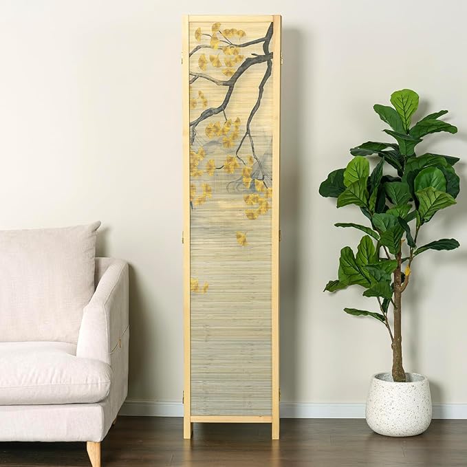 MyGift 6 Panel Large Bamboo Room Divider with Dual Sided Asian Birds Gingko Biloba Tree Sunset Design Print, 6FT Freestanding Artwork Privacy Partition Folding Screen with Beige Solid Wood Frame
