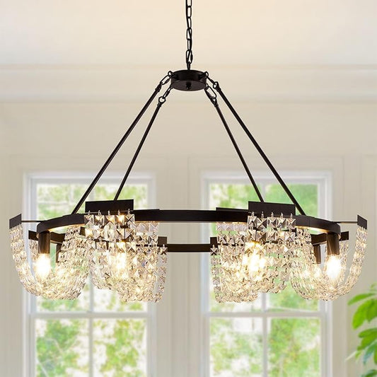 36" Black Chandelier, 6-Light Crystal Chandeliers for Dining Room, Dining Room Light Fixtures Over Table, Farmhouse Kitchen Island Lighting, Modern Pendant Lights for Living Room, Bedroom, Entryway