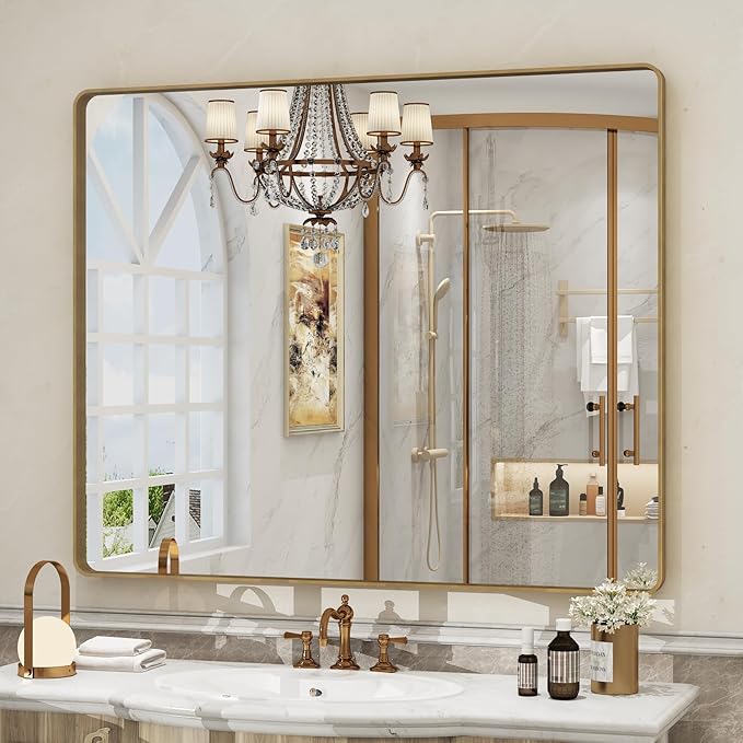 40x36 Gold Framed Mirror for Bathroom, Brushed Gold Brass Bathroom Mirror, Rectangle Gold Bathroom Vanity Mirror for Wall, Shatterproof, Anti-Rust, Hangs Horizontally or Vertically