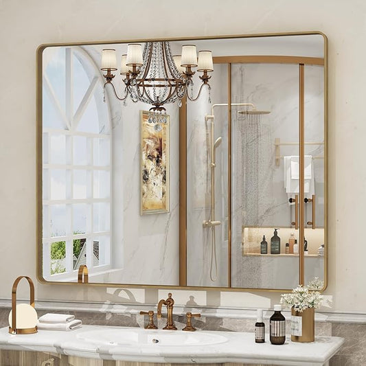 40x36 Gold Framed Mirror for Bathroom, Brushed Gold Brass Bathroom Mirror, Rectangle Gold Bathroom Vanity Mirror for Wall, Shatterproof, Anti-Rust, Hangs Horizontally or Vertically