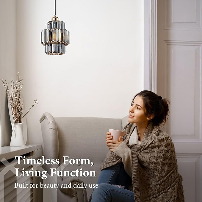 Modern Crystal Chandelier, 6"x7" Classic Crafted Pendant Light, Glass & Metal Hanging Light for Innovative Small Space Use in Dining Room, Kitchen Island, Bedroom, Living Room-Golden Mist