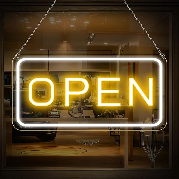 22.8"x 11.8" Ultra Bright 12V Neon Open Sign for Business, LED Open Neon Sign, Electric Light up Signs for Stores, Restaurants Offices Retail Shops Window (Yellow-White-Horizontal)