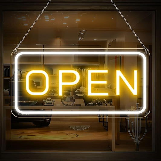 22.8"x 11.8" Ultra Bright 12V Neon Open Sign for Business, LED Open Neon Sign, Electric Light up Signs for Stores, Restaurants Offices Retail Shops Window (Yellow-White-Horizontal)