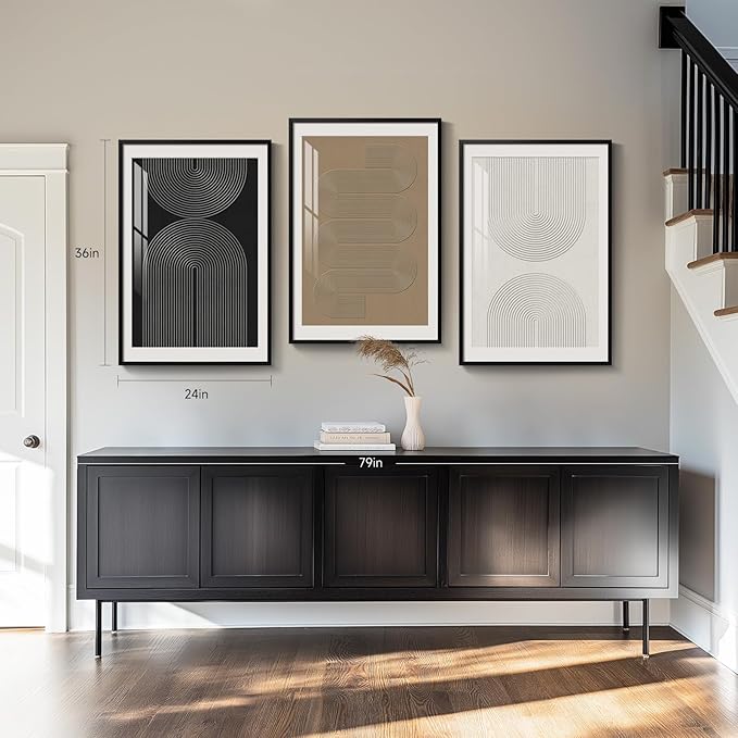 Large Framed Boho Neutral Abstract Wall Art for Living Room, 3 Piece Black White Brown Prints Paintings Artwork for Walls, Modern Minimalist Geometric Pictures for Hallway Office Wall Decor 24x36 In