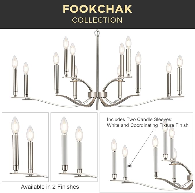 12 Light Nickel Living Room Chandelier High Ceiling Foyer Candle Chandelier Large Modern 44in Metal Chandeliers Hanging Light for Master Bedroom Dining Room Light Fixture Over Table