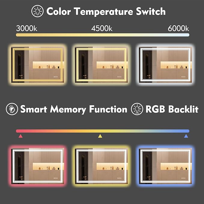 48x28 inch LED Bathroom Mirror with RGB Lights, Color Changing Backlit Mirror, Shatterproof, Dimmable Anti-Fog, Lighted Vanity Mirror (RGB Multicolor Backlit + Adjustable Front-Lighted)