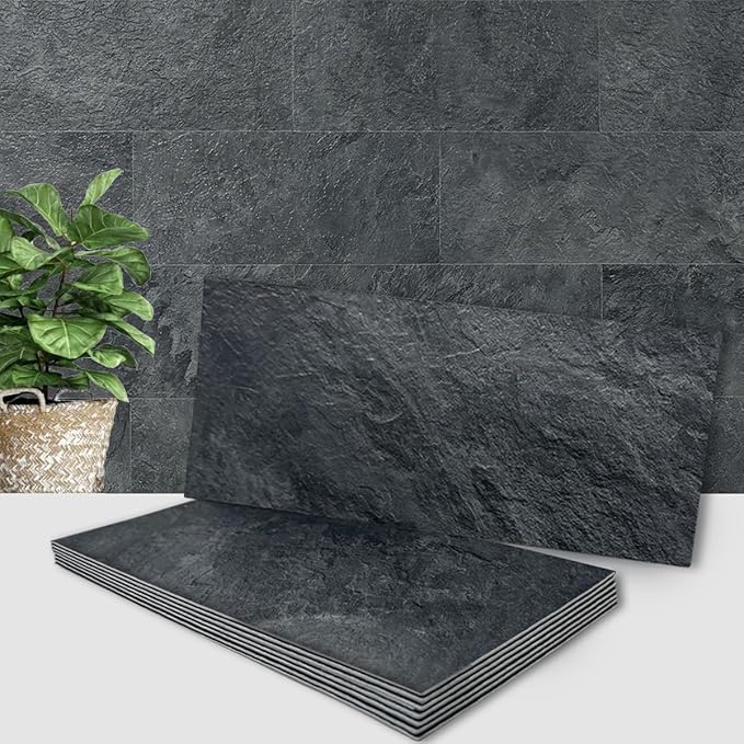 AULIGET 6" x 12" Black Slate Peel and Stick Backsplash Wall Tiles, PVC Faux Stone Stick on Tiles for Backsplash Kitchen, Bathroom, Laundry Room, Camper, Fireplace (Pack of 20)