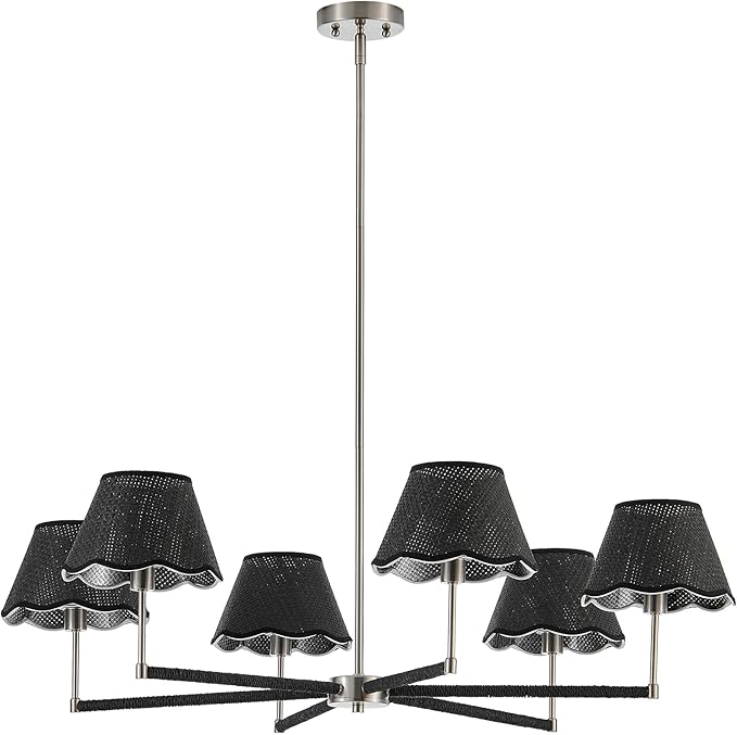 39" Boho Rattan Chandelier Large Adjustable Modern Black and Brushed Nickel Pendant Light for Kitchen Island Dining Living Room, UL Listed