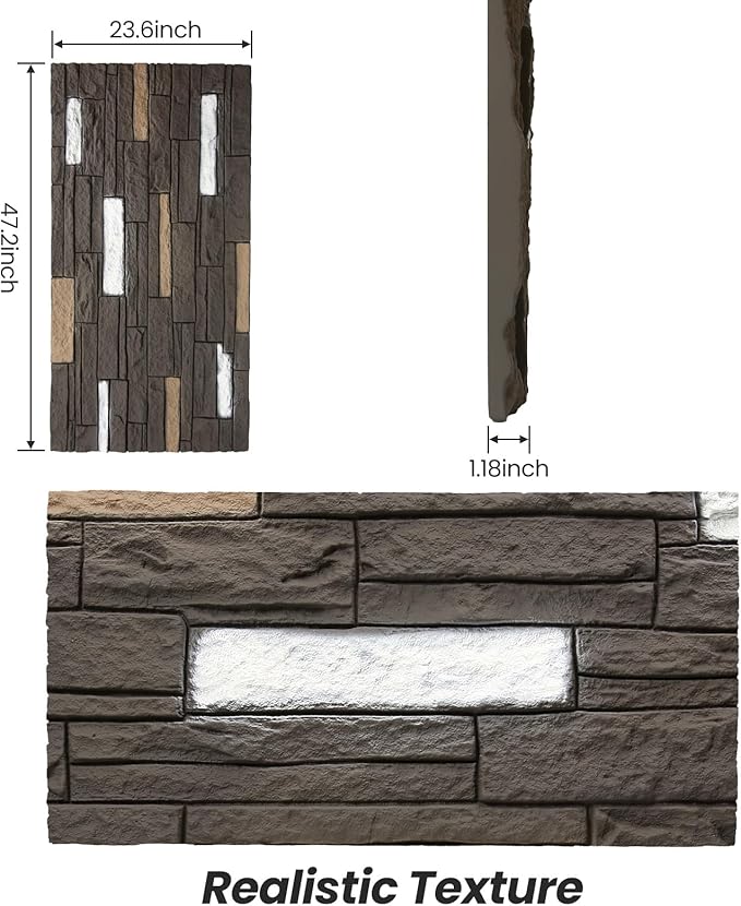 OUZUGIE 4 PCS Faux Stone Wall Panel 47.2’’ x 23.6’’ Interior Exterior Wall Decor 3D PU Panel with Brick Stone Design Iron Gray