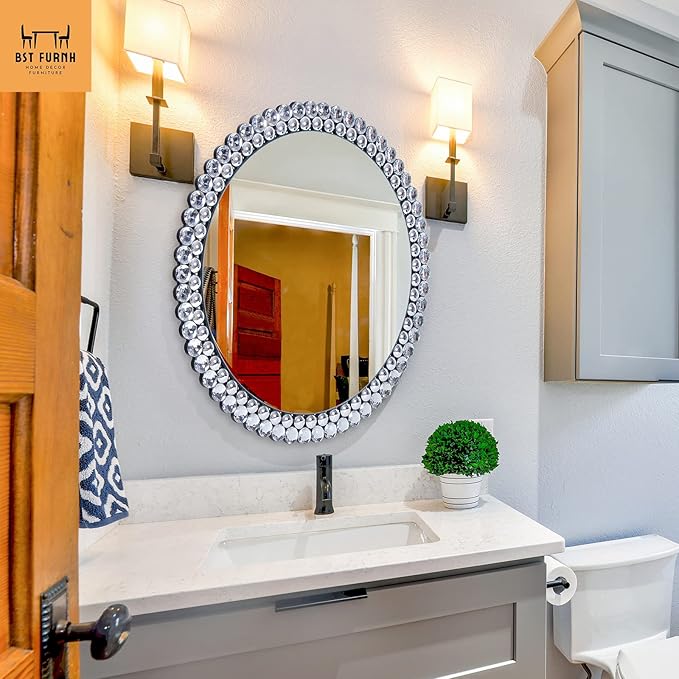 BST FURNH Round Mirror Wall Decor 24 Inches Decorative Wall Mirror with Irregular Framed and Beveled Edge Mirrors for Wall Silver Large Wall Mirror Frameless Mirrors