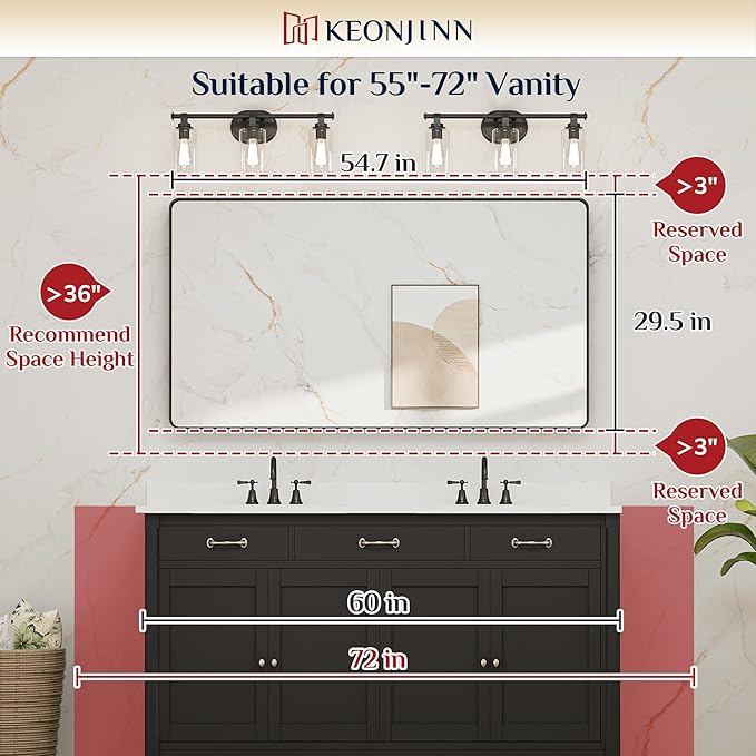 Keonjinn 55 x 30 Brushed Nickel Bathroom Vanity Mirror, Large Rounded Rectangle Bathroom Mirrors for over Sink, Metal Framed Silver Mirror for Wall, Shatterproof HD Tempered Glass(Horizontal/Vertical)