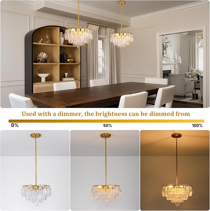 Modern Crystal Chandelier, 17'' Gold Chandeliers for Dining Room, Round Glass Crystal Brass Tiered Pendant Light Chandelier for Living Room, 3-Tier Luxury Chandeliers, Kitchen Island Light Fixture