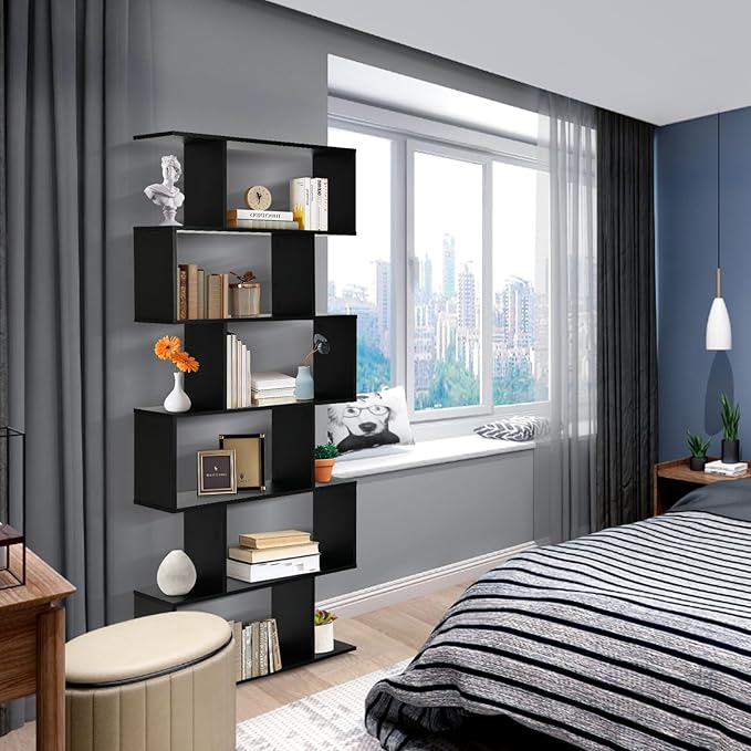 6 Tier Geometric Bookcase, S Shaped Bookshelf, Book Shelf Room Divider, Wood Freestanding Display Shelves, 75 Inch Staggered Bookshelf for Bedroom Living Room (1, Black)