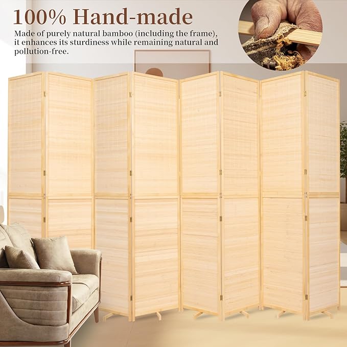 Bamboo Room Divider 8 Panel Wall Divider, 67'' H Folding Design with Extra Stable Base, 100% Bamboo Room Divider Screen for Room Separation Partitions Dividers Freestanding (Beige, 142‘’W x 67''H)