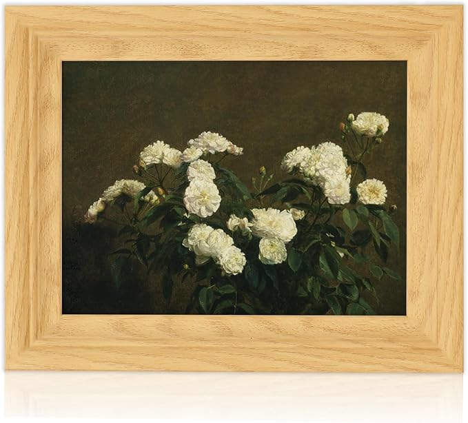 Brivoria Framed Canvas Wall Art Vintage Decor, Antique Botanical Floral Artwork with White Roses and Rustic Autumn Background for Desk Shelf Small Wall Bedroom Office or Bathroom Display, 8"x10"