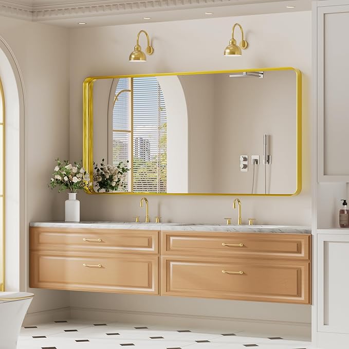 Koonmi Gold Bathroom Mirror for Wall, 30x60 Inch Matte Metal Deep Framed Rounded Corner Wall Mirror, Shatterproof Tempered Glass for Farmhouse Bedroom Entryway, Vertically or Horizontally