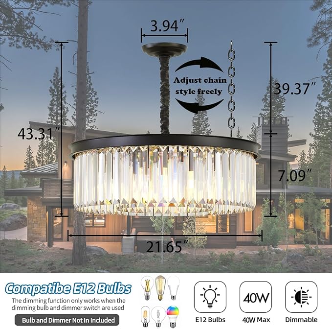 Modern Black Crystal Chandelier,2-Tier Round Pendant Ceiling Fixture with Height Adjustable Luxury Hanging Chandelier for Dining Room,Living Room,Entryway,Bedroom,Kitchen,and Foyer (Black Crystal-2)