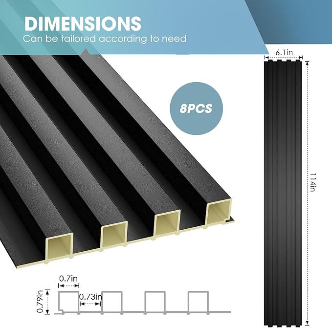 OUZUGIE WPC Acoustic Slat Wall Paneling, 8-Pack 114 x 6 Inches 3D Wall Panels for Interior Wall Decor,Living Room,TV Background,Study Room,Office Spaces,Bedroom,High Grille (Black)
