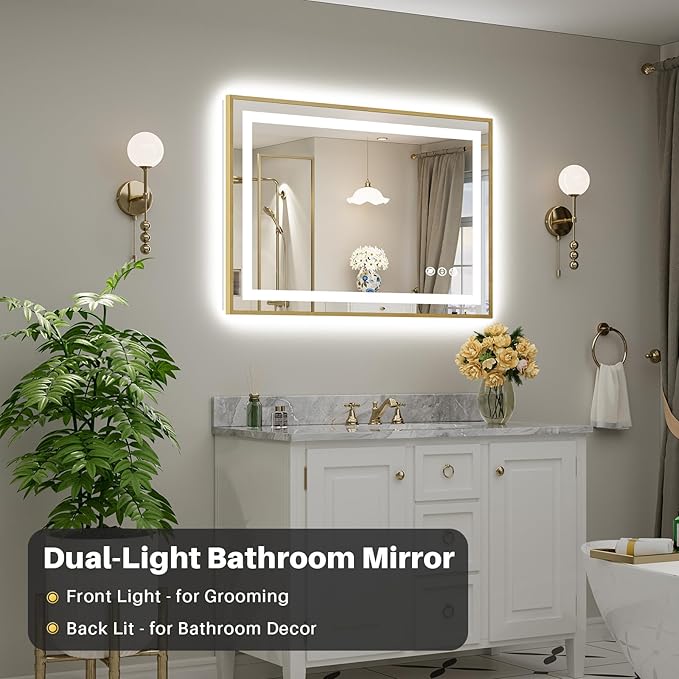 44x30 Inch LED Bathroom Mirror with Gold Frame, Backlit & Front Lit, Anti-Fog Lighted Bathroom Vanity Mirror for Wall, Memory Function, Dimmable, HD Tempered Glass, Shatter-Proof