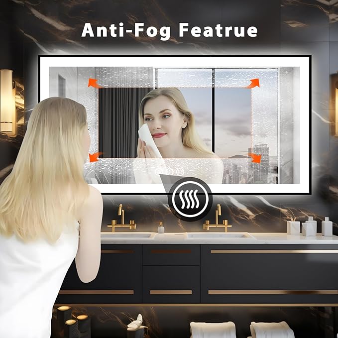 72x36 Lighted Mirrors for Bathroom Wall, Modern Rectangle Matte Black Mirror, Tempered Glass，Double Lights, 3 Colors Dimmable Temperature, IP54 Enhanced Anti-Fog, Memory (Horizontal/Vertical)