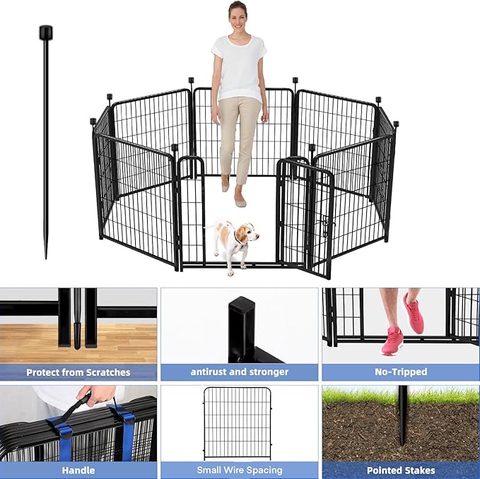 ADAVIN 32 in(H) Garden Fences and Borders,1 Gate+7 Panels Dog Fence Outdoor for Yard, Heavy Duty Iron Metal Animal Barrier Fence, Portable Fence, Flower Garden Fencing,Total 17.7 Ft(L), Black