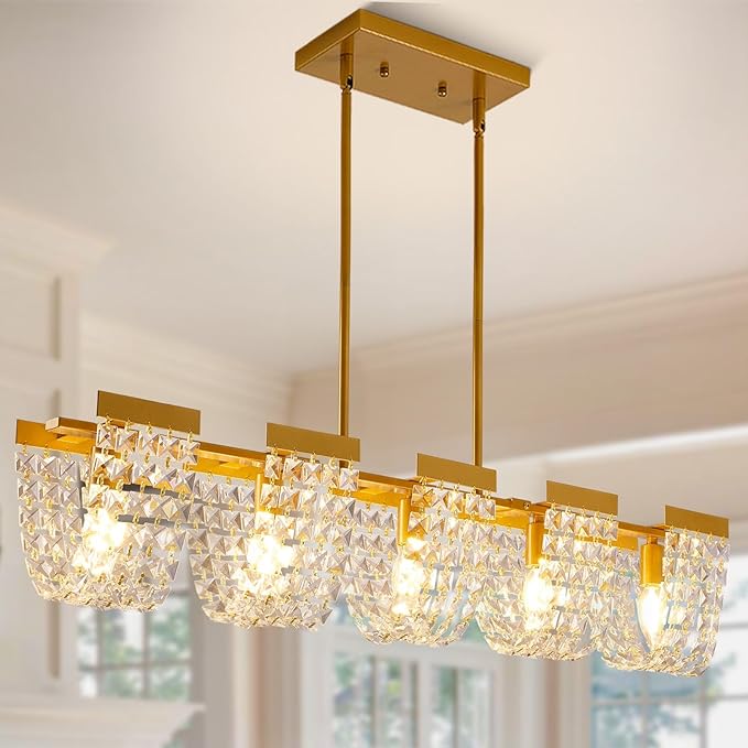36" Gold Chandelier, 5-Light Crystal Chandeliers for Dining Room, Modern Dining Room Light Fixture, Farmhouse Kitchen Island Lighting, Vintage Hanging Pendant Lights, Dining Chandelier Over Table