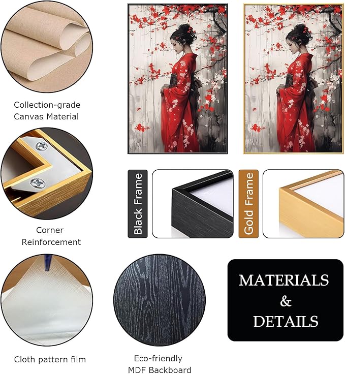 Kewhush Japanese Geisha Canvas Wall Art, Cherry Blossom Wall Art, Framed Canvas Print, Modern Asian Wall Decor, Japan Wall Print, Traditional Home Decor (Black Framed, 28"x42" | 71x107cm)