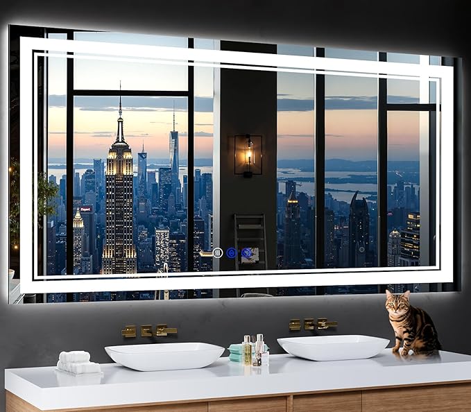 72"x36" LED Bathroom Mirror with Anti-Fog, Stepless Dimmable Lights, 3 Color Modes, Shatter-Proof Tempered Glass, Memory Function & Waterproof Design