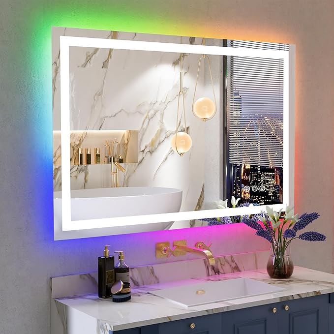 48x32 Inch RGB LED Bathroom Mirror Front Light and RGB Backlit Lighted Vanity Mirror for Bathroom Wall Mounted Dimmable Anti Fog Memory Shatter-Proof IP54 Waterproof Horizontal/Vertical