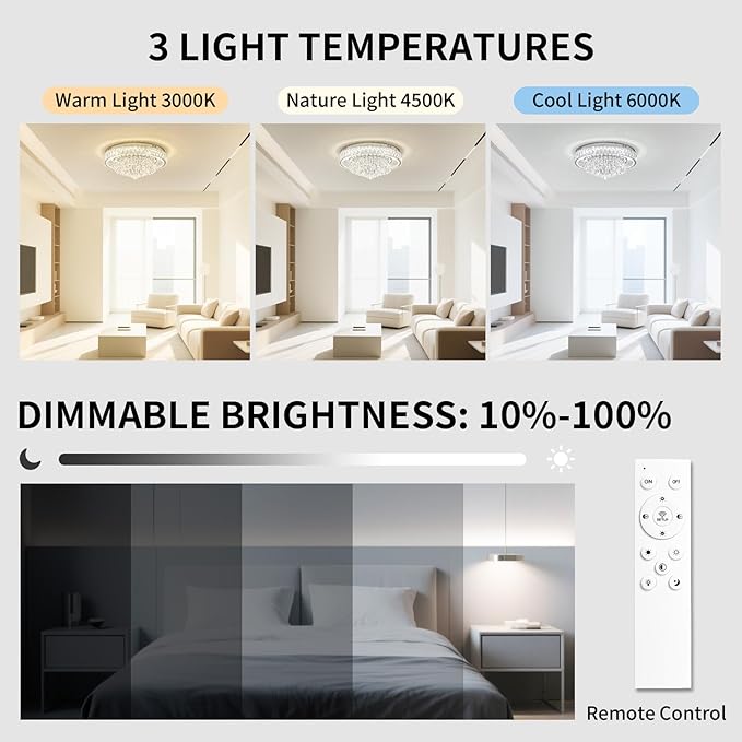 Modern Dimmable Led Crystal Chandelier: Flush Mount Crystals Ceiling Light with Remote - 24" Silver Ceiling Lighting Fixtures Round Crystal Chandeliers for Dining Room Bedroom Living Room Entryway