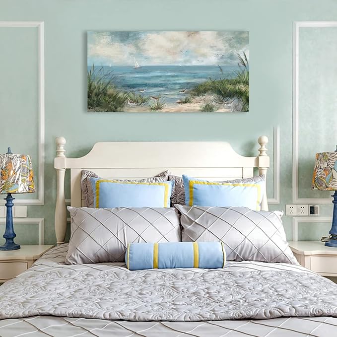 arteWOODS Sea Beach Canvas Wall Art Vintage Seascape Pictures Wall Decor Ocean Sailboat Seagull Prints Beach Bird Reed Painting Artwork for Living Room Bedroom Office Decoration 29" X 58"