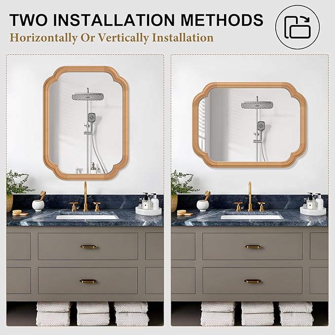 Natural Wood Framed Mirror,18X24 Inch Bathroom Mirror for Over Sink Wood Mirror for Bathroom Modern Rounded Corner Rectangle Wall Mounted Mirror for Bathroom (Horizontal/Vertical)