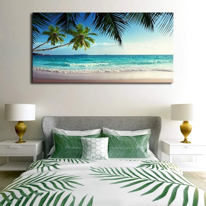 Large Wall Art Ocean Waves Canvas Pictures Coconut Trees Sands Beach Seascape Landscape Modern Summer Sea Nature Canvas Artwork Contemporary Wall Art for Living Room Bedroom Home Wall Decor 29" x 58"
