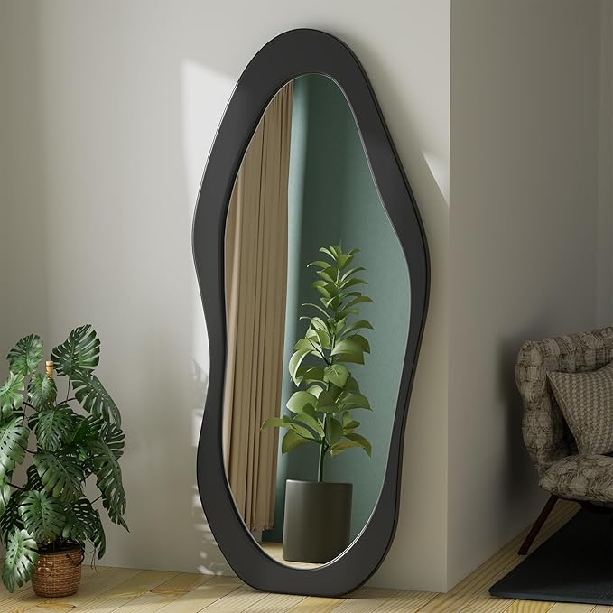 67" x 30" Irregular Wavy Full Body Mirror - Wooden Framed, Hanging/Leaning Wall Mounted for Cloakroom/Bedroom/Living Room