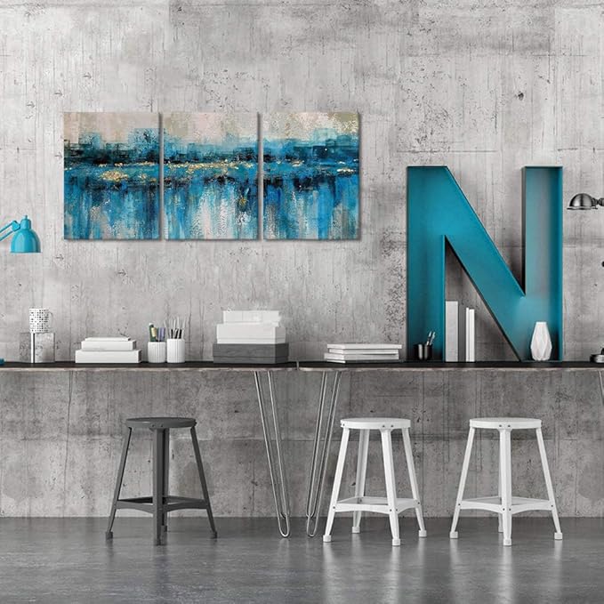 MAMAGO Modern Art Wall Decor Blue City Abstract Picture Print Painting for Living Room Bedroom Office Wall Art Framed Easy to Hang-12”W x 16”Hx3pcs